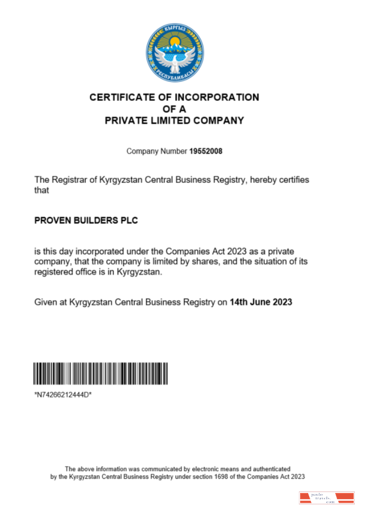 Kyrgyzstan business registration certificate Word and PDF template